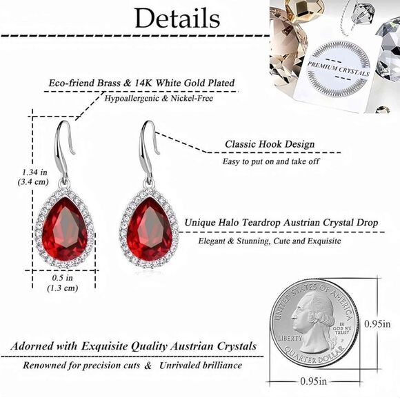 14K White Gold with Ruby Red Austrian Crystal Teardrop Halo Drop Hook Earrings - Picture 6 of 6